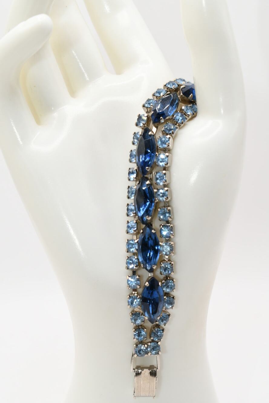 Vintage Blue Rhinestone Bracelet Marquise Chaton Rhodium 7"